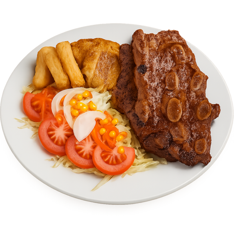 Churrasco con ensalada, yuca y patacón