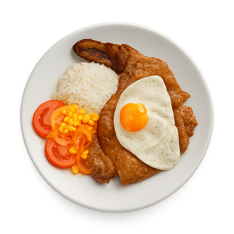 Bistec a caballo con huevo frito, arroz y maduro